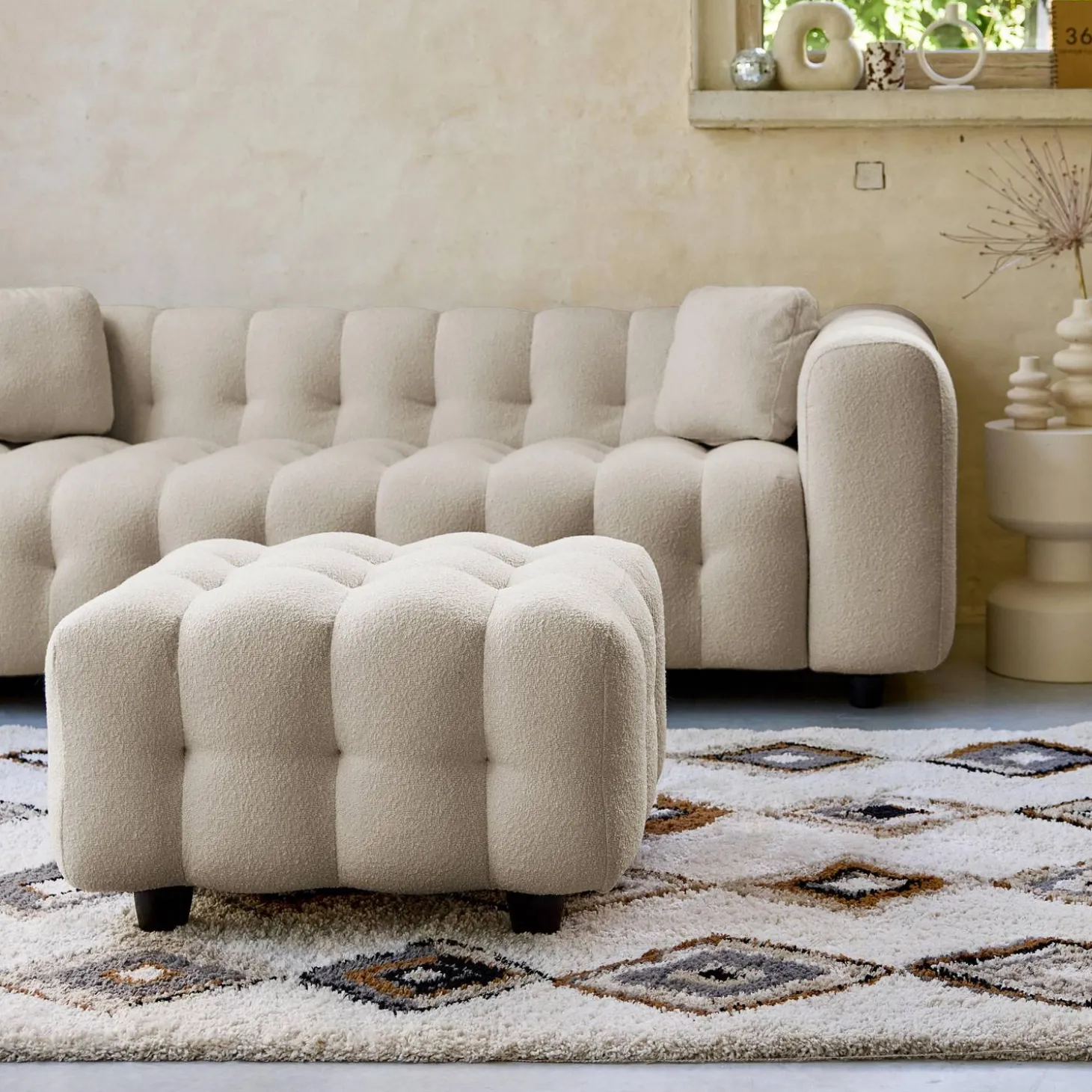 Pufe, descanso para os pés para sofá boucle texturada de 3 lugares