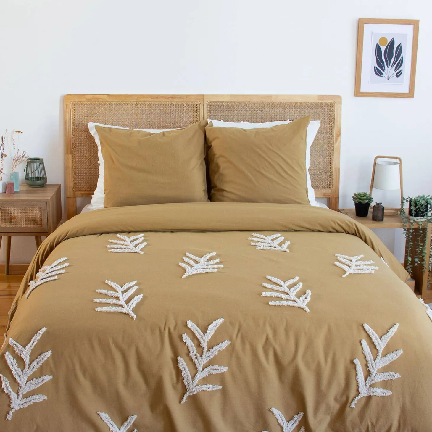 Roupa de cama de algodão lavado com motivos vegetais tuftados, 2 lugares