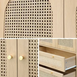 Roupeiro com acabamento em madeira e cana com 2 portas e 2 gavetas