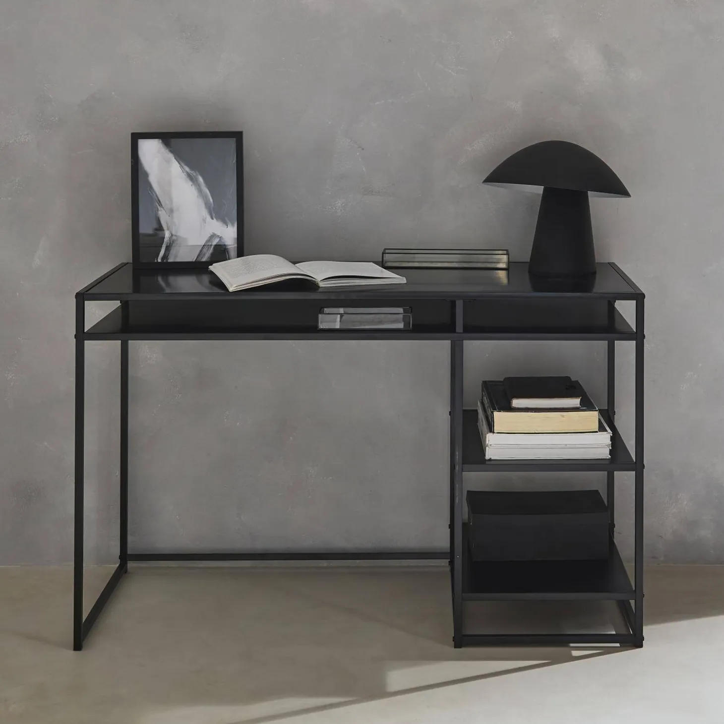 Secretária de metal preto com 2 prateleiras, 120cm