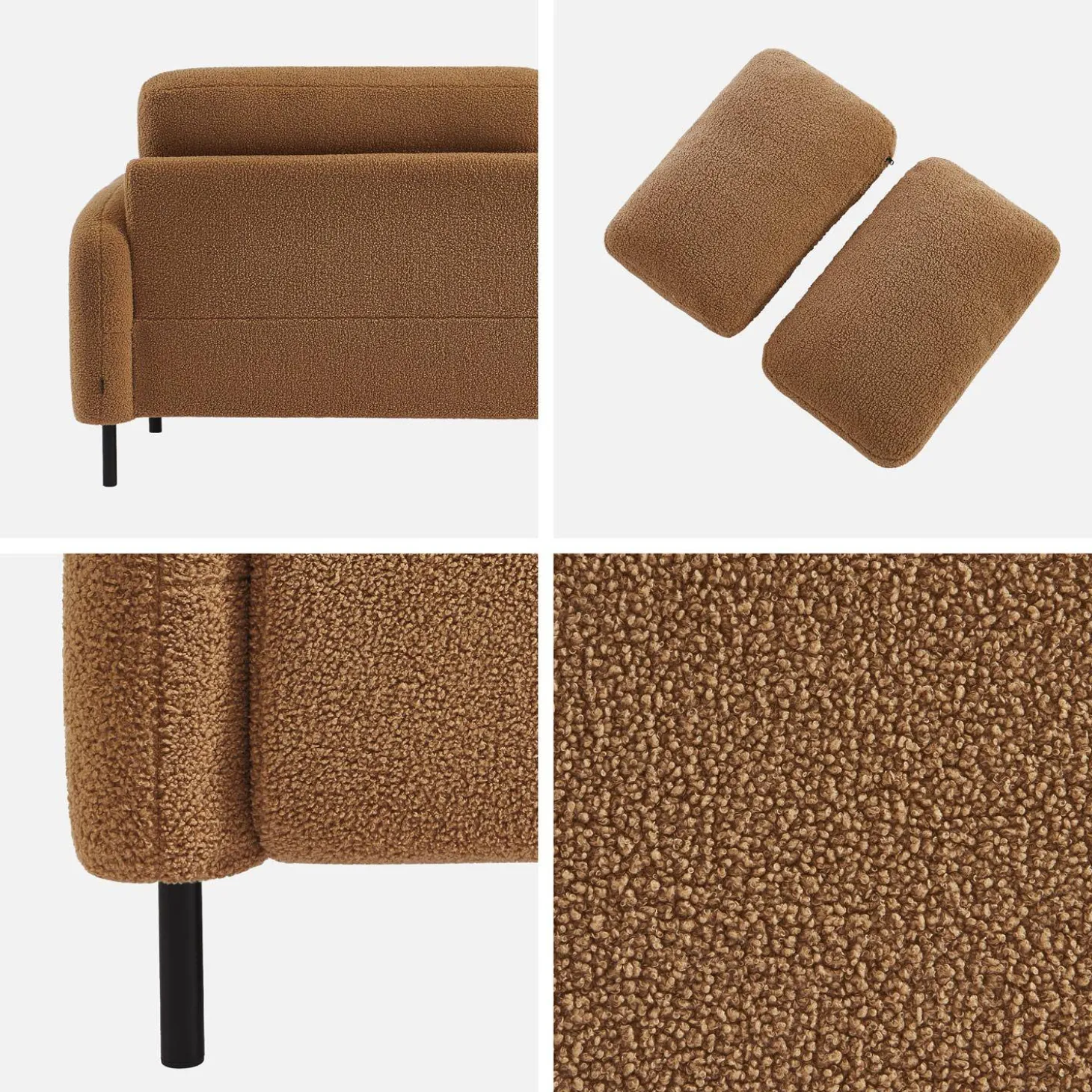Sofá boucle e base de metal, 3 lugares