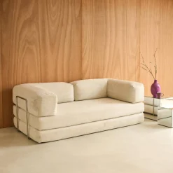 Sofá-cama conversível em veludo canelado com estrutura cromada, 3 lugares