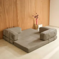 Sofá-cama conversível em veludo canelado com estrutura cromada, 3 lugares