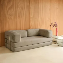Sofá-cama conversível em veludo canelado com estrutura cromada, 3 lugares