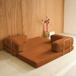 Sofá-cama conversível em veludo canelado com estrutura cromada, 3 lugares
