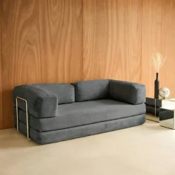 Sofá-cama conversível em veludo canelado com estrutura cromada, 3 lugares