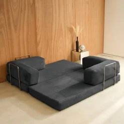 Sofá-cama conversível em veludo canelado com estrutura cromada, 3 lugares