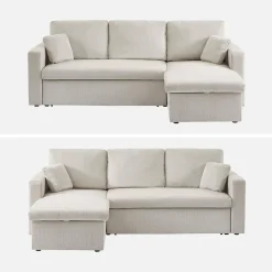 Sofá-cama de canto em veludo canelado, 3 lugares
