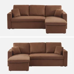 Sofá-cama de canto em veludo canelado, 3 lugares
