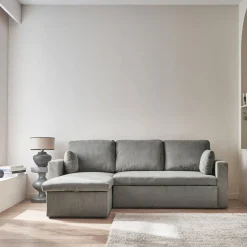 Sofá-cama de canto em veludo canelado, 3 lugares