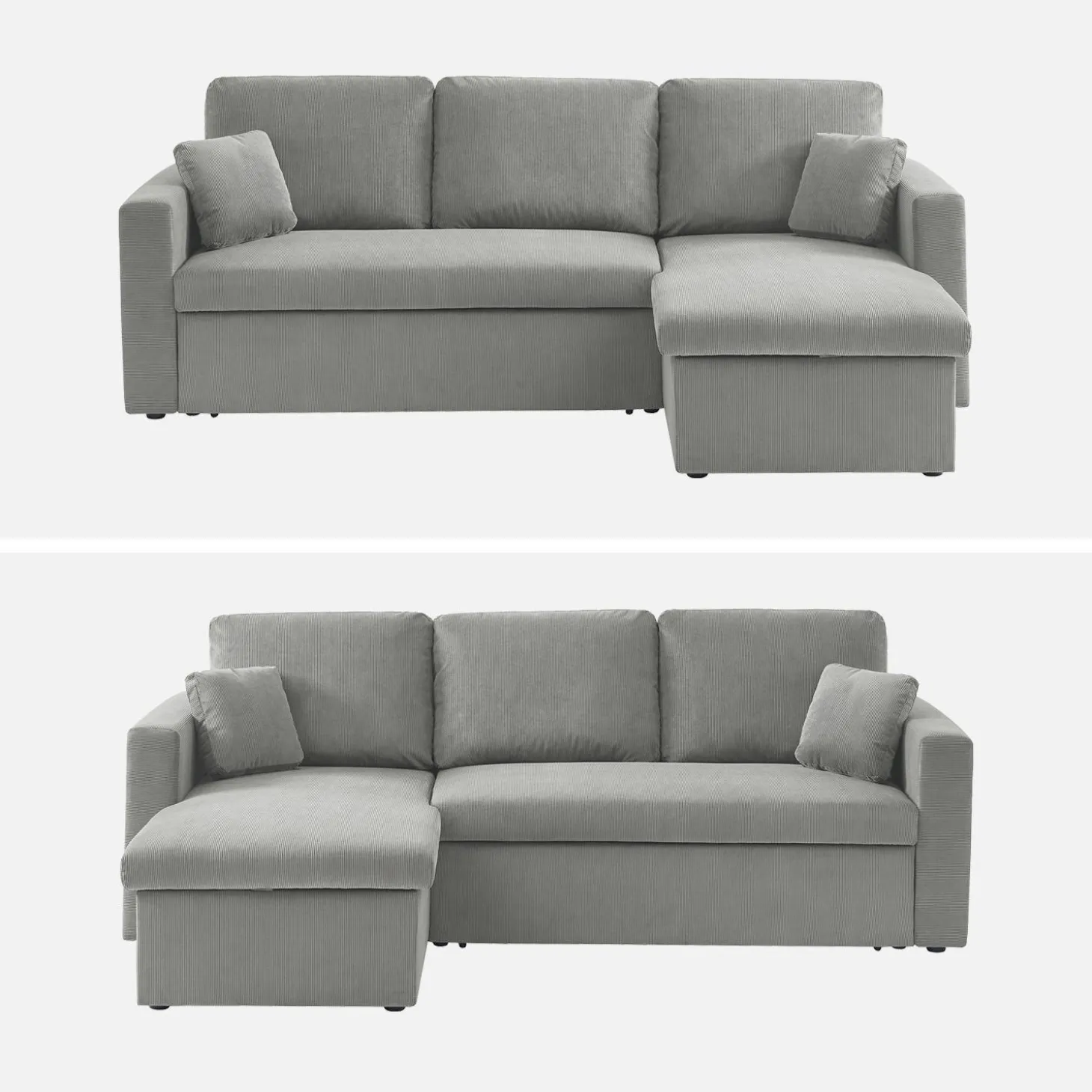 Sofá-cama de canto em veludo canelado, 3 lugares