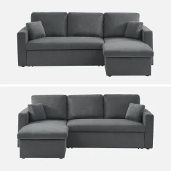 Sofá-cama de canto em veludo canelado, 3 lugares