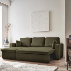 Sofá-cama de canto em veludo canelado, 3 lugares
