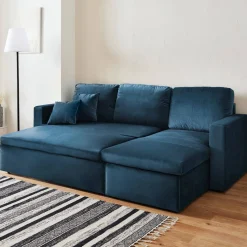 Sofá-cama de canto em veludo, 3 lugares