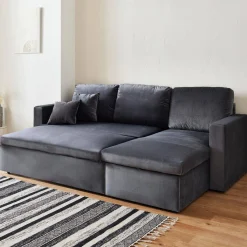 Sofá-cama de canto em veludo, 3 lugares