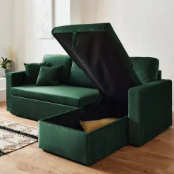 Sofá-cama de canto em veludo, 3 lugares