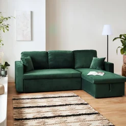 Sofá-cama de canto em veludo, 3 lugares