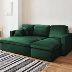 Sofá-cama de canto em veludo, 3 lugares