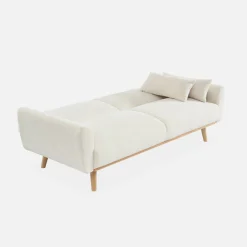 Sofá-cama em tecido bouclé com pés em madeira, 3 lugares