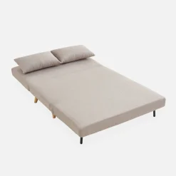 Sofá-cama em tecido com pés em madeira, 2 lugares