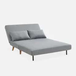 Sofá-cama em tecido com pés em madeira, 2 lugares
