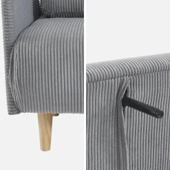 Sofá-cama em veludo canelado com pernas de madeira de 2 lugares