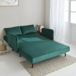 Sofá-cama em veludo com pernas de madeira, 2 lugares
