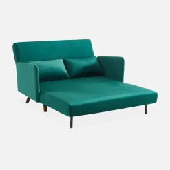 Sofá-cama em veludo com pernas de madeira, 2 lugares