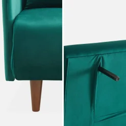 Sofá-cama em veludo com pernas de madeira, 2 lugares
