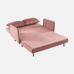 Sofá-cama em veludo com pernas de madeira, 2 lugares