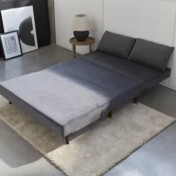 Sofá-cama em veludo com pés em madeira, 2 lugares