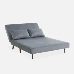 Sofá-cama em veludo com pés em madeira, 2 lugares