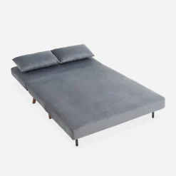 Sofá-cama em veludo com pés em madeira, 2 lugares