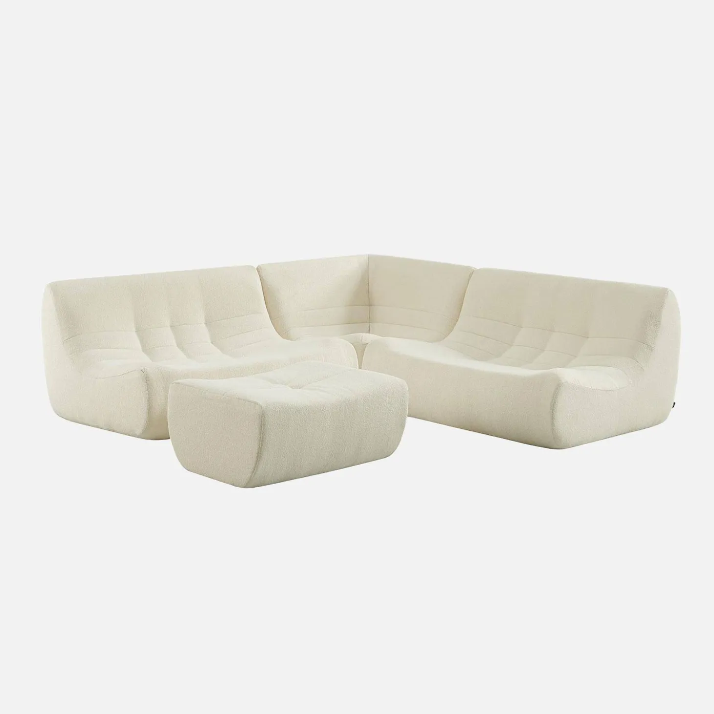 Sofá de canto modular com apoio para os pés em tecido bouclé, 5 lugares