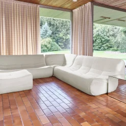 Sofá de canto modular com apoio para os pés em tecido bouclé, 7 lugares