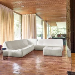 Sofá de canto modular com apoio para os pés em tecido bouclé, 7 lugares