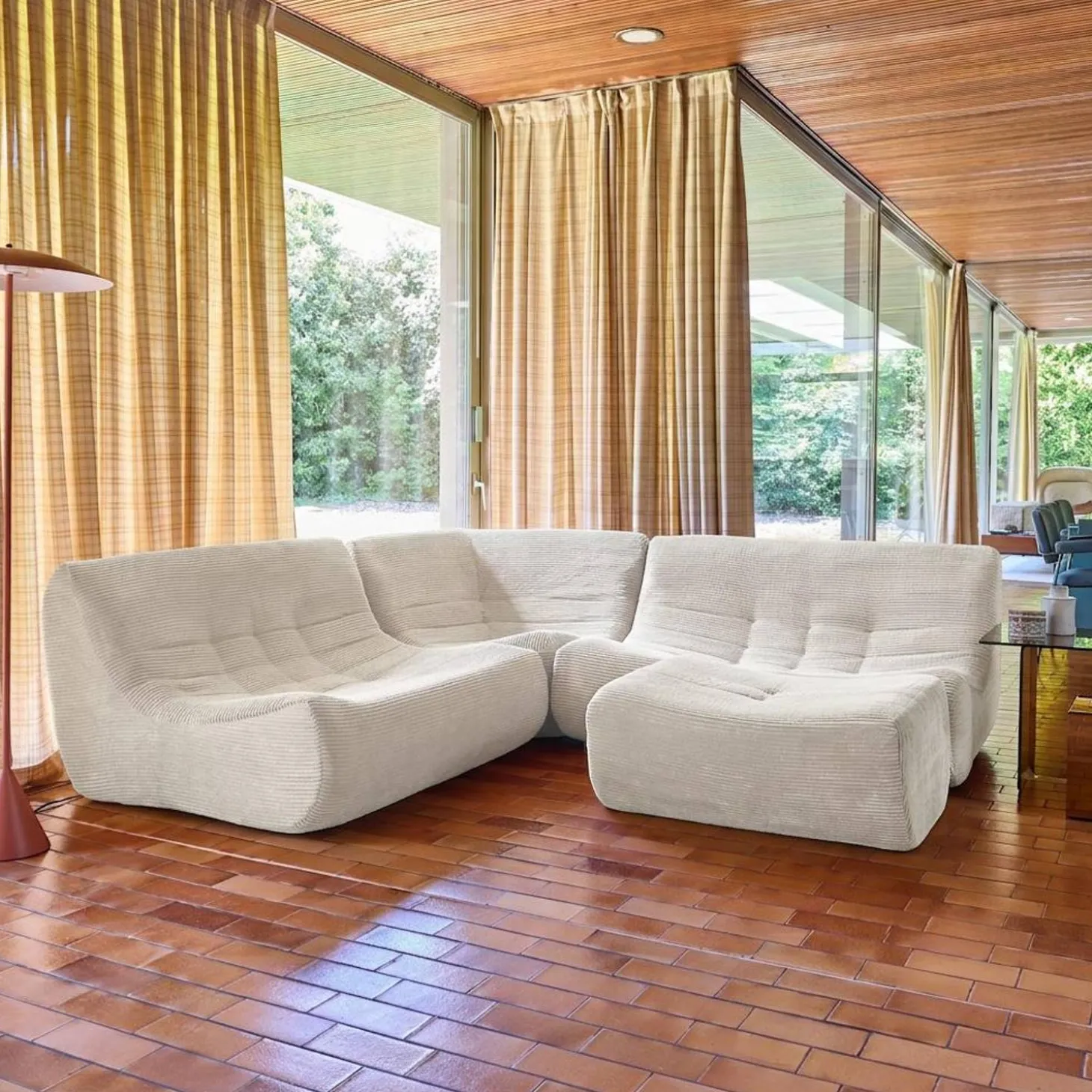 Sofá de canto modular com apoio para os pés em veludo canelado, 5 lugares