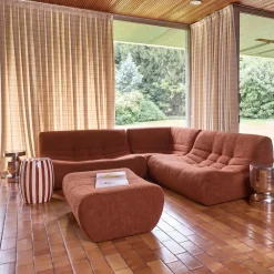 Sofá de canto modular com apoio para os pés em tecido bouclé, 5 lugares