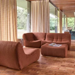 Sofá de canto modular com apoio para os pés em tecido bouclé, 5 lugares