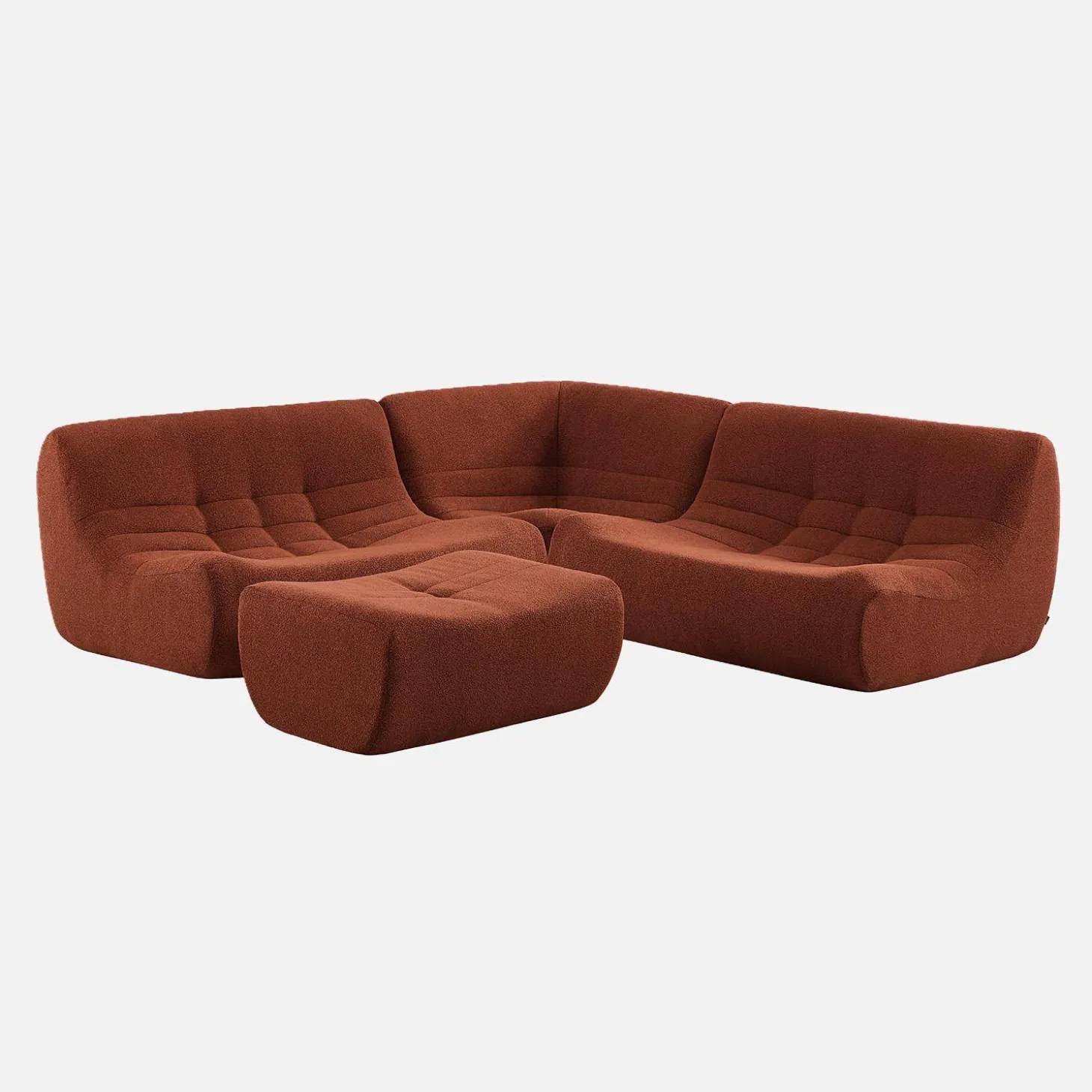 Sofá de canto modular com apoio para os pés em tecido bouclé, 5 lugares