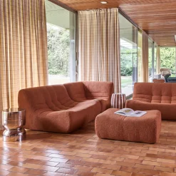 Sofá de canto modular com apoio para os pés em tecido bouclé, 5 lugares