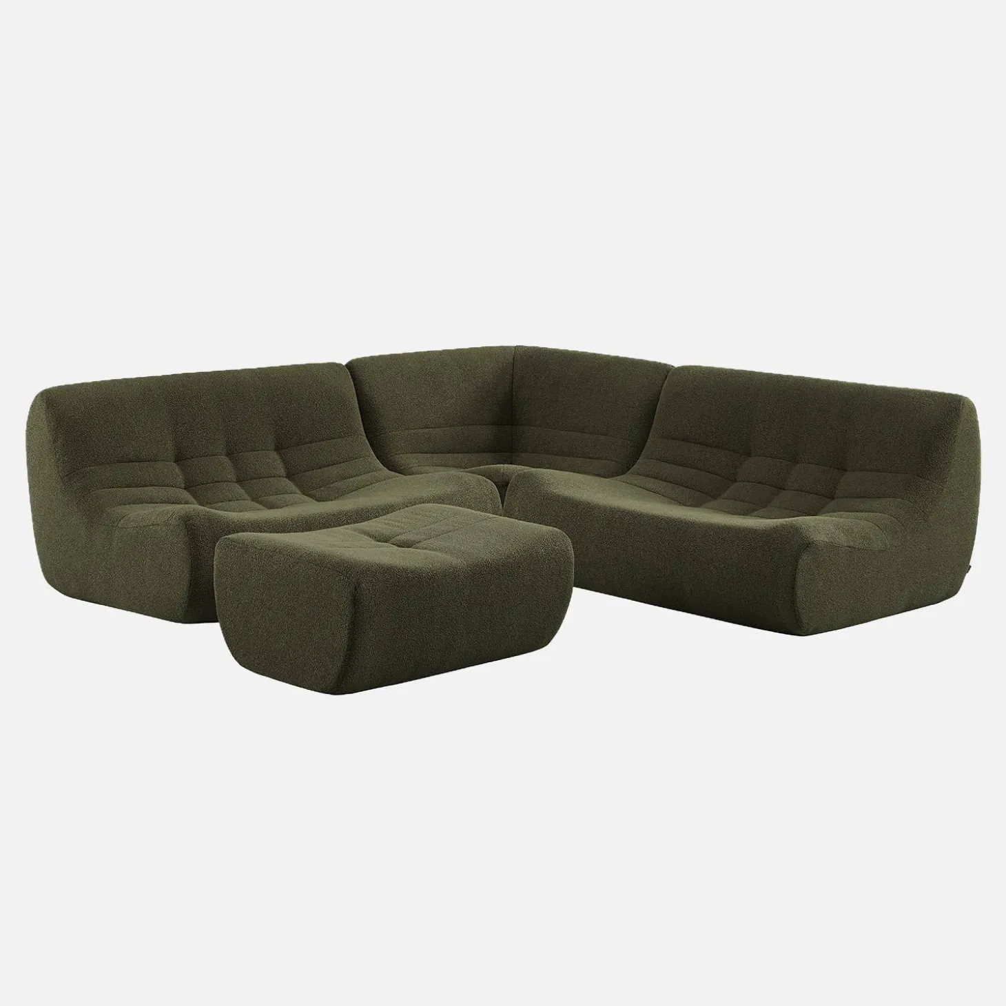 Sofá de canto modular com apoio para os pés em tecido bouclé, 5 lugares