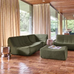 Sofá de canto modular com apoio para os pés em tecido bouclé, 5 lugares