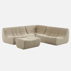 Sofá de canto modular com apoio para os pés em tecido bouclé, 5 lugares