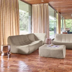 Sofá de canto modular com apoio para os pés em tecido bouclé, 5 lugares