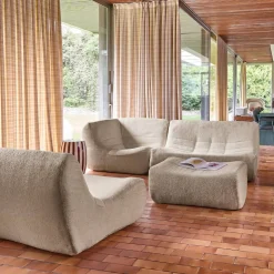 Sofá de canto modular com apoio para os pés em tecido bouclé, 5 lugares