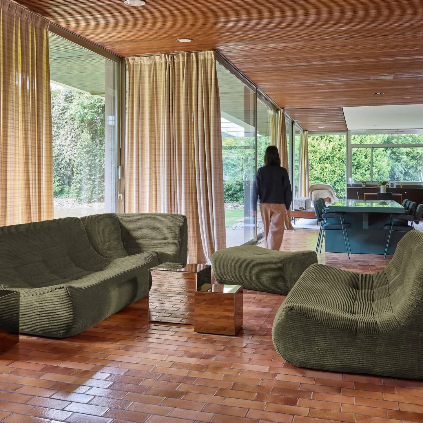 Sofá de canto modular com apoio para os pés em veludo canelad, 7 lugares
