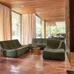 Sofá de canto modular com apoio para os pés em tecido bouclé, 7 lugares