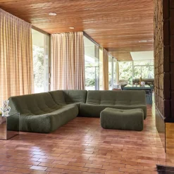 Sofá de canto modular com apoio para os pés em tecido bouclé, 7 lugares