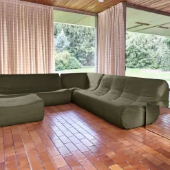 Sofá de canto modular com apoio para os pés em tecido bouclé, 7 lugares